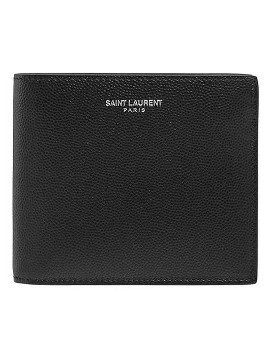 Classic Logo Textured Leather Half Wallet Black - SAINT LAURENT - BALAAN 2