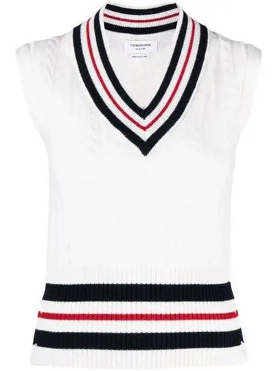 RWB Cable V Neck Cashmere Vest White - THOM BROWNE - BALAAN 2