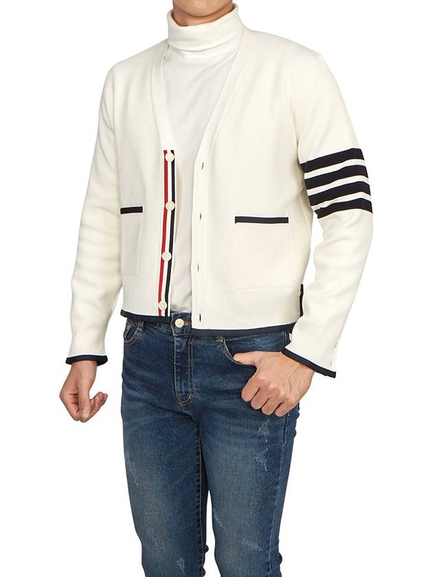 V-Neck Diagonal Armband Cardigan White - THOM BROWNE - BALAAN 7