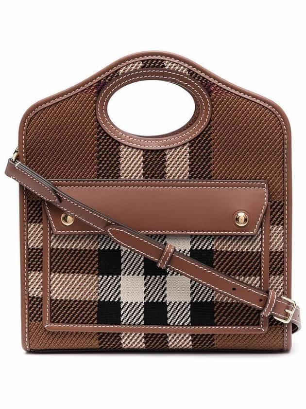 Mini Knit Check Leather Pocket Tote Bag Brown - BURBERRY - BALAAN 11