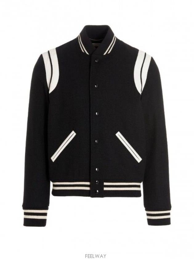 Teddy Bomber Jacket in Wool Black White - SAINT LAURENT - BALAAN 3