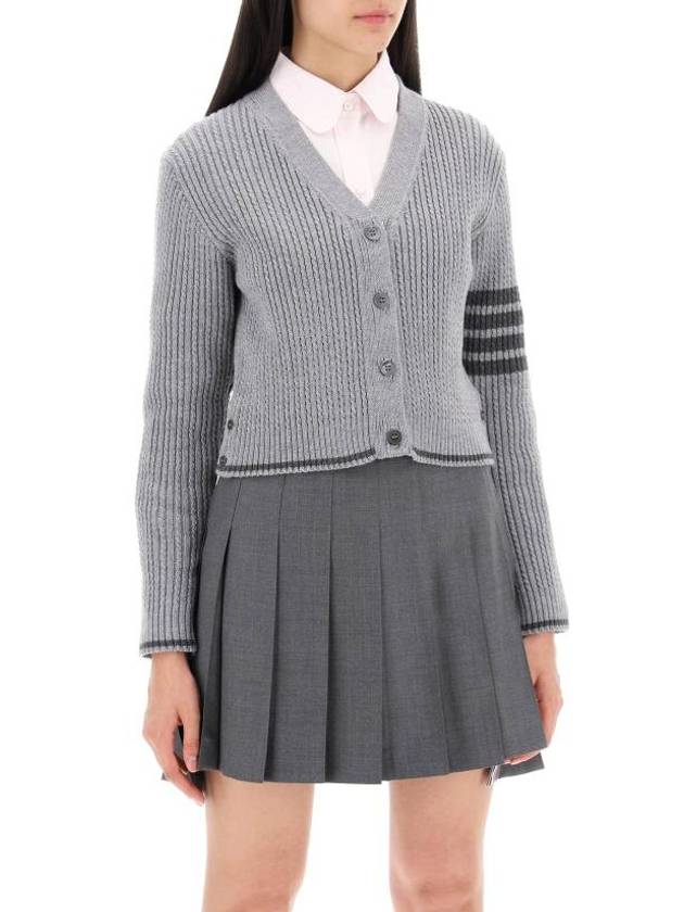 4 Bar Cable Wool Crop Cardigan Grey - THOM BROWNE - BALAAN 3