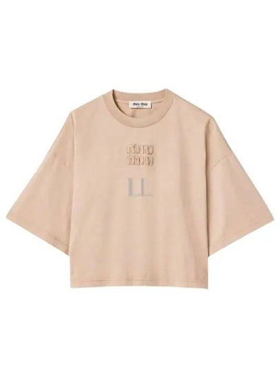 Logo Patch Cotton Short Sleeve T-shirt Beige - MIU MIU - BALAAN 2