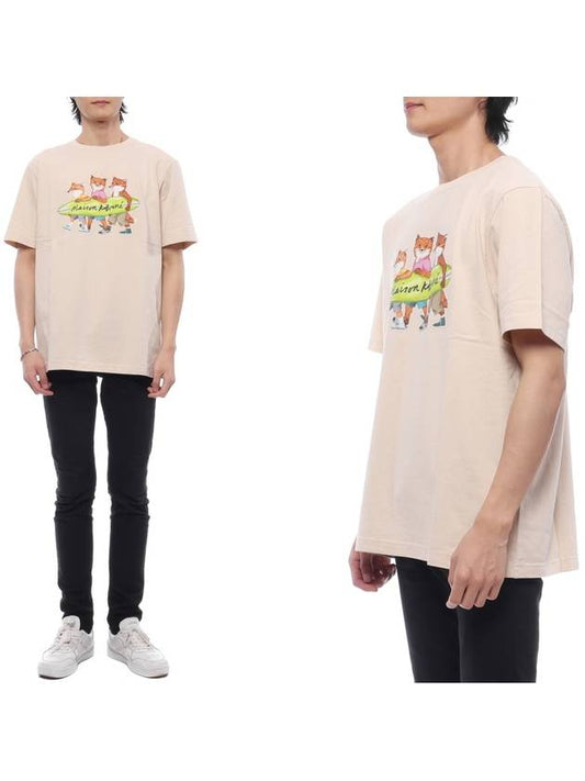 Surfing Foxes Logo Print Short Sleeve T-Shirt Beige - MAISON KITSUNE - BALAAN 2