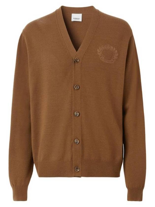 Men's Embroidered Oak Leaf Crest Wool Cardigan Dark Birch Brown - BURBERRY - BALAAN 1