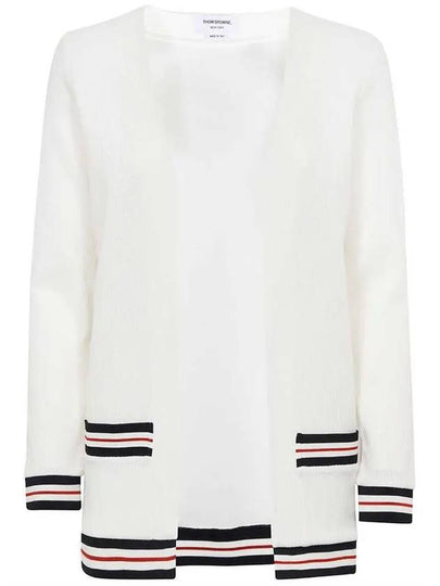 Cricket Stripe Lightweight Textured Cotton V-Neck Cardigan White - THOM BROWNE - BALAAN 2