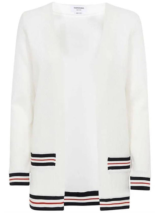 Cricket Stripe Lightweight Textured Cotton V-Neck Cardigan White - THOM BROWNE - BALAAN 2