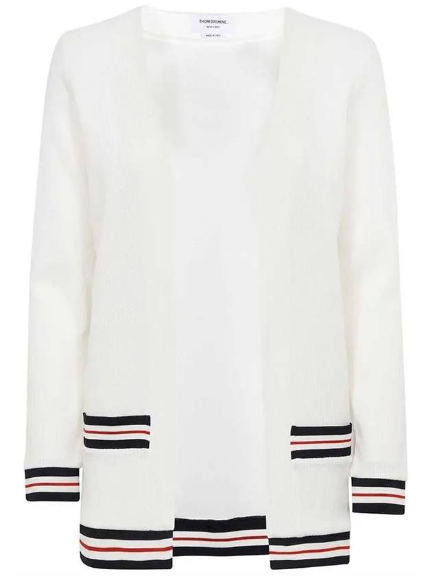 Cricket Stripe Lightweight Textured Cotton V-Neck Cardigan White - THOM BROWNE - BALAAN 3