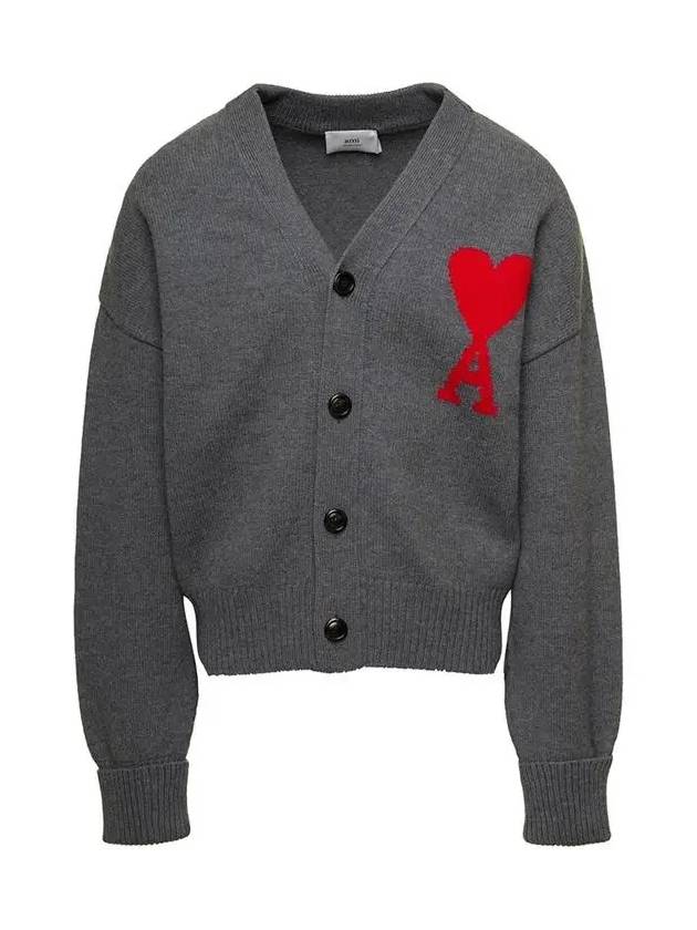 Big Heart Logo Wool Cardigan Grey - AMI - BALAAN 3