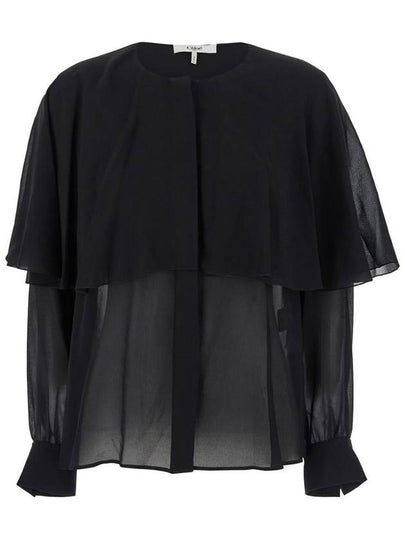 Women's Collarless Cape Overlay Silk Shirt Black - CHLOE - BALAAN 2