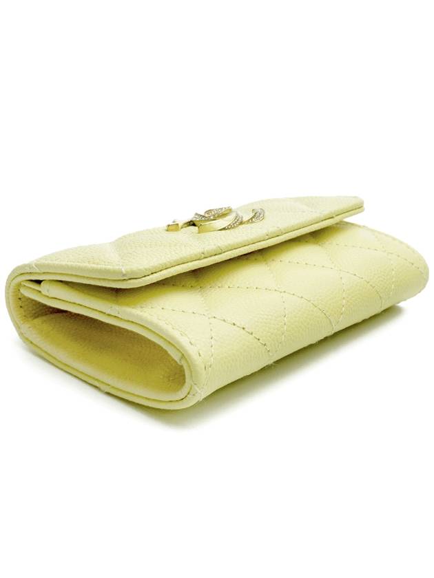 Gold Plated Shiny Grained Calfskin Enamel Strass Card Wallet Light Yellow - CHANEL - BALAAN 4