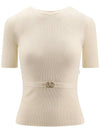 V Metal Logo Belt Detail Wool Knit Top Beige - VALENTINO - BALAAN 2