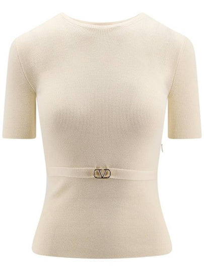 V Metal Logo Belt Detail Wool Knit Top Beige - VALENTINO - BALAAN 2