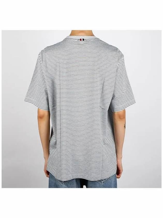 Striped Pocket Cotton Oversized Short Sleeve T-Shirt Blue - THOM BROWNE - BALAAN 5