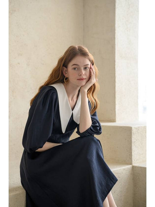 Puff sleeve wide collar A line long dress navy - CAHIERS - BALAAN 2