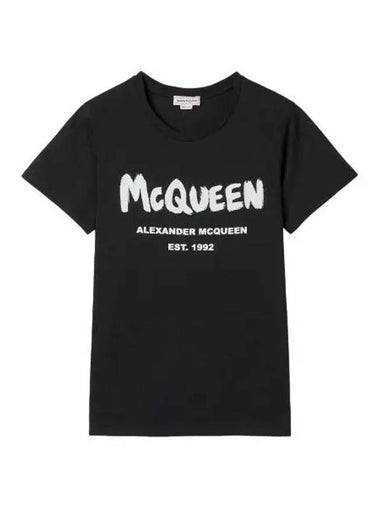 Graffiti Logo Short Sleeve T Shirt Black White - ALEXANDER MCQUEEN - BALAAN 1