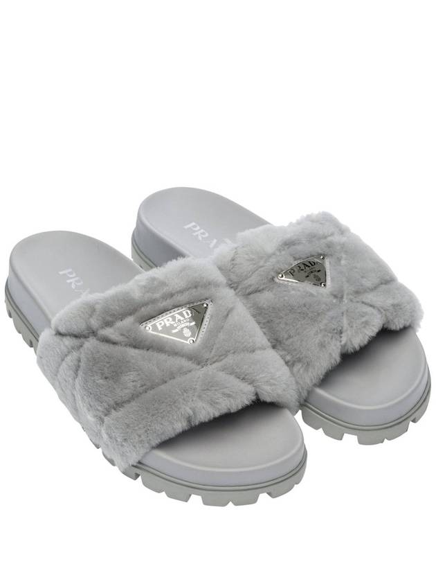 Triangle Logo Shearling Slippers Grey - PRADA - BALAAN 2