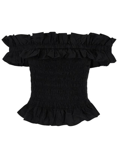 Off-Shoulder Cotton Poplin Smock Blouse Black - GANNI - BALAAN 2