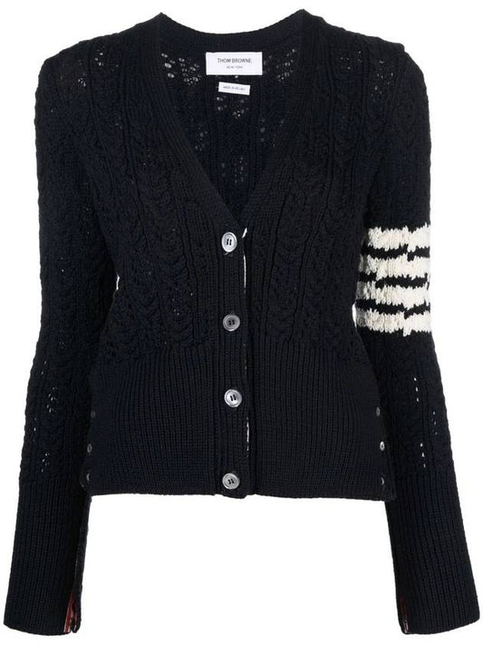 Women's 4 Bar V-neck Cable Merino Wool Cardigan Navy - THOM BROWNE - BALAAN.