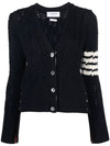 Women's Irish Pointelle Cable 4 Bar V Neck Cardigan Navy - THOM BROWNE - BALAAN 1