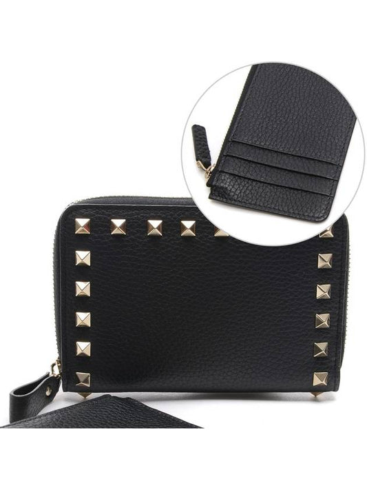 Women's Rockstud Zipper Medium Wallet Black - VALENTINO - BALAAN.