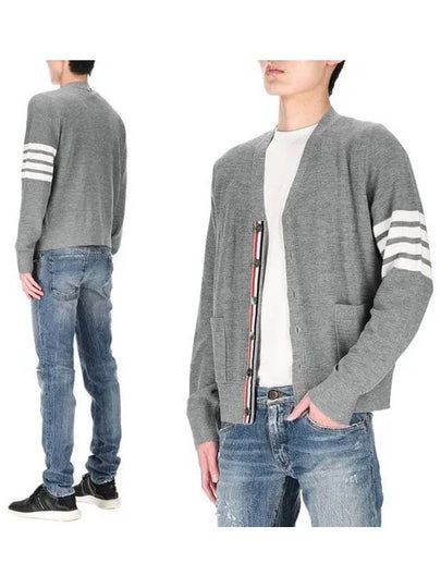 4-Bar Striped Waffle High V-Neck Cardigan Light Grey - THOM BROWNE - BALAAN 2