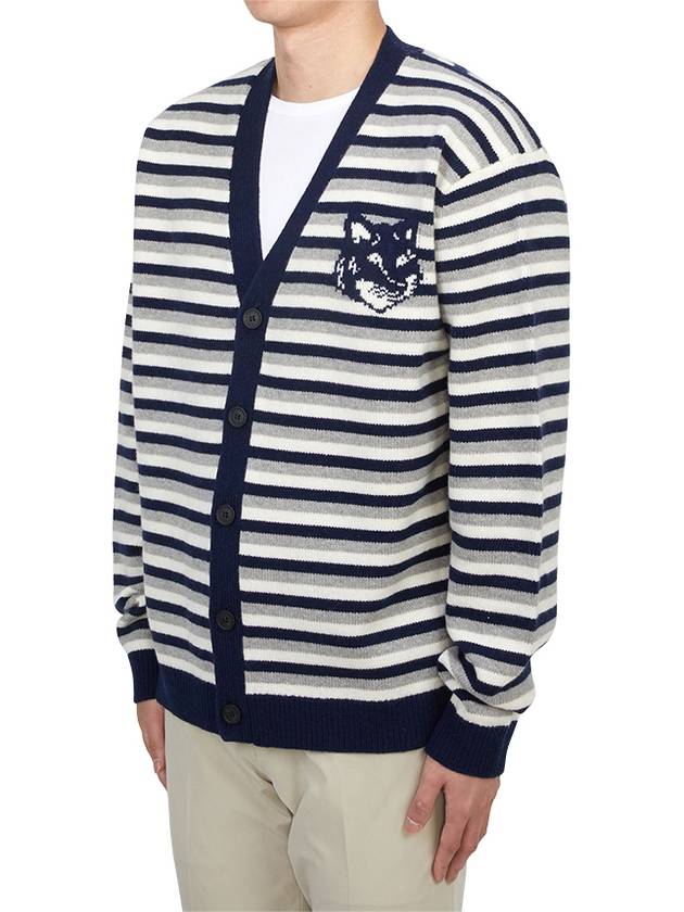 Fox Head Intarsia Striped Comfort Cardigan Navy White - MAISON KITSUNE - BALAAN 3