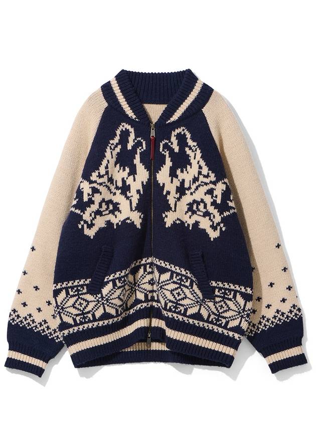 Wolf Cowichan Knit Zip Up Cardigan Navy - OGARP - BALAAN 1