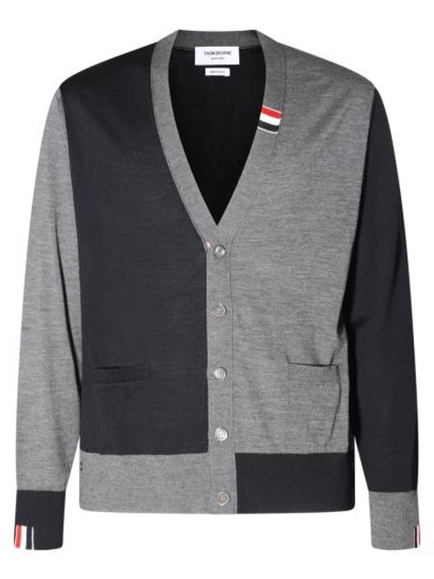 Fun Mix Fine Merino Jersey Stripe Relaxed V-Neck Cardigan Navy Grey - THOM BROWNE - BALAAN 2