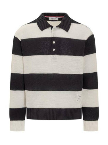 Striped Cotton Long Sleeve Polo Shirt Navy - THOM BROWNE - BALAAN 1