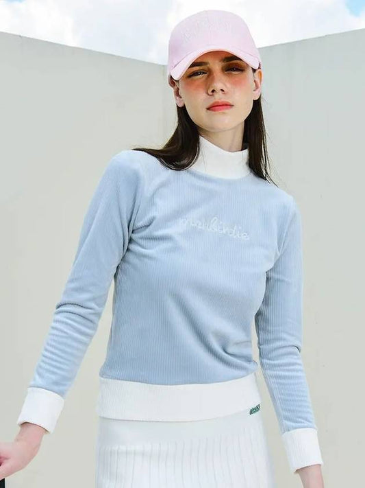 SOFT VELVET STRETCH Velvet ribbed mock neck brushed t-shirt BLUE - MONBIRDIE GOLF - BALAAN 1