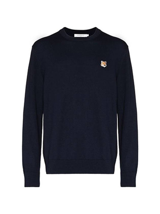 Fox Head Patch Regular Round Neck Pullover Knit Top Navy - MAISON KITSUNE - BALAAN.