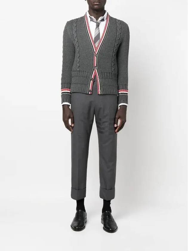 Cable Stripe Classic V-neck Merino Wool Cardigan Grey - THOM BROWNE - BALAAN 6