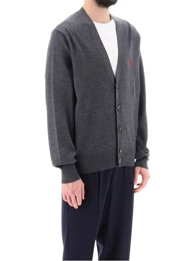 Red Heart Logo Merino Wool Cardigan Heather Grey - AMI - BALAAN 5