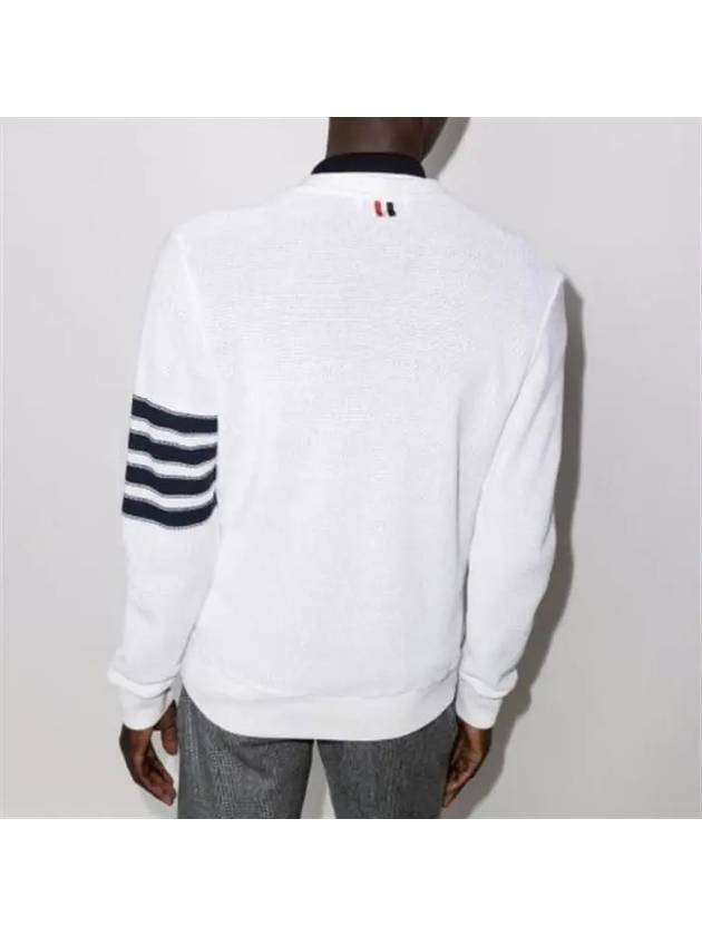 4 Bar Open Raschel Stitch V Neck Cardigan White - THOM BROWNE - BALAAN 4