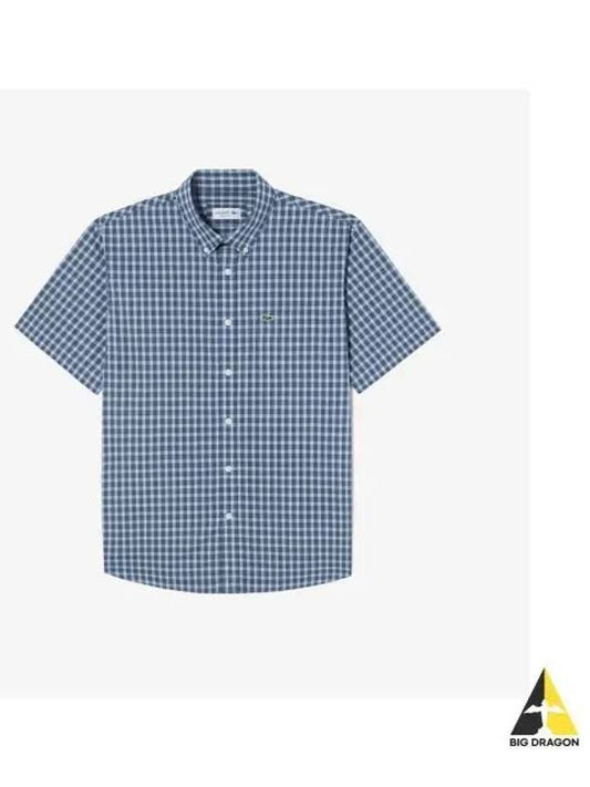 Men s Short Sleeve Poplin Check Shirt Blue - LACOSTE - BALAAN 1