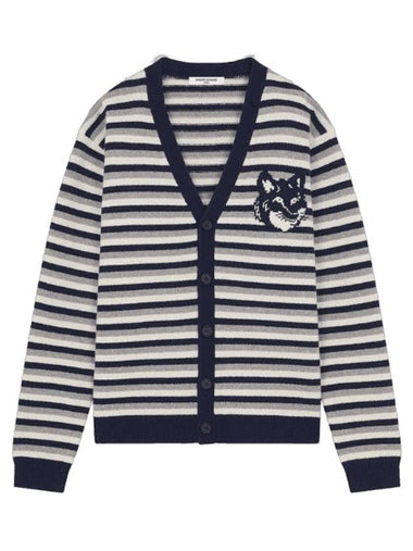 Fox Head Intarsia Striped Comfort Cardigan Navy White - MAISON KITSUNE - BALAAN 1