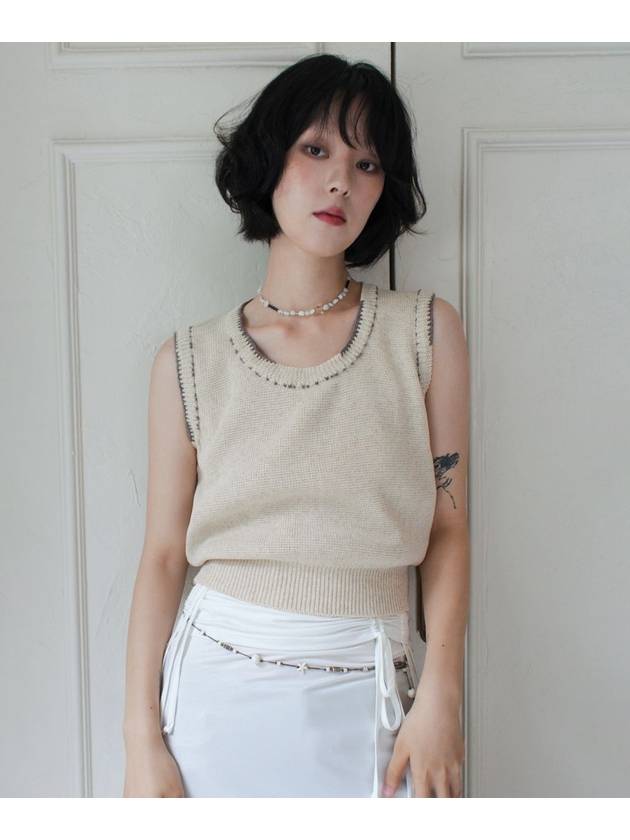 Linen Knit Vest Stitched by Hand OATMEAL women s top - RUBATI - BALAAN 4