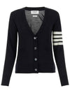 Sustainable Fine Merino Wool 4-Bar Relaxed Fit V-Neck Cardigan Navy - THOM BROWNE - BALAAN 3