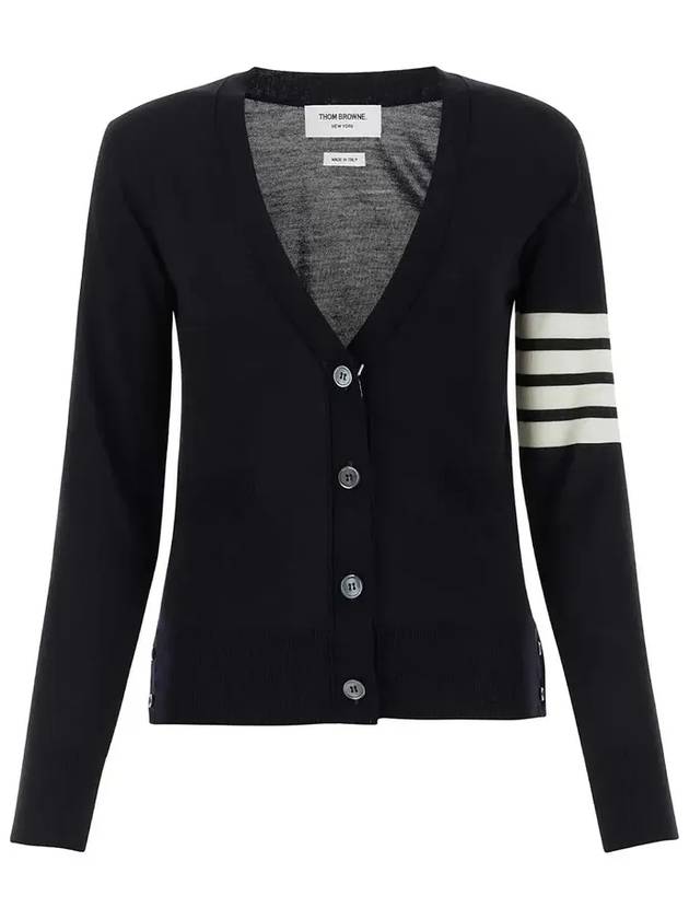 Sustainable Fine Merino Wool 4-Bar Relaxed Fit V-Neck Cardigan Navy - THOM BROWNE - BALAAN 3