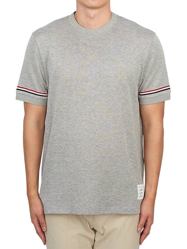 Striped Detail Crew Neck Cotton Short Sleeve T-Shirt Grey - THOM BROWNE - BALAAN 2