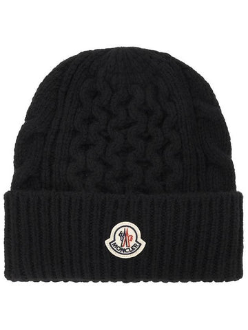 Logo Patch Cable Knit Beanie Black - MONCLER - BALAAN 1