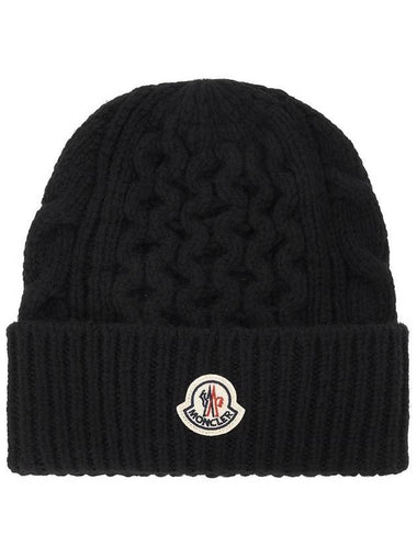 Logo Patch Cable Knit Beanie Black - MONCLER - BALAAN 1