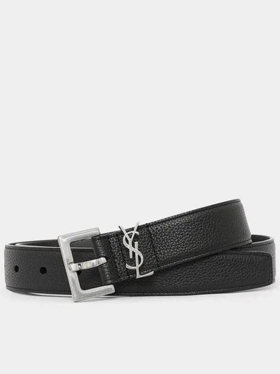 Grained Leather Silver Monogram Belt Black - SAINT LAURENT - BALAAN 2