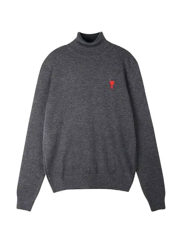 Small Heart Logo Extrafine Merino Wool Turtleneck Heather Grey - AMI - BALAAN 2