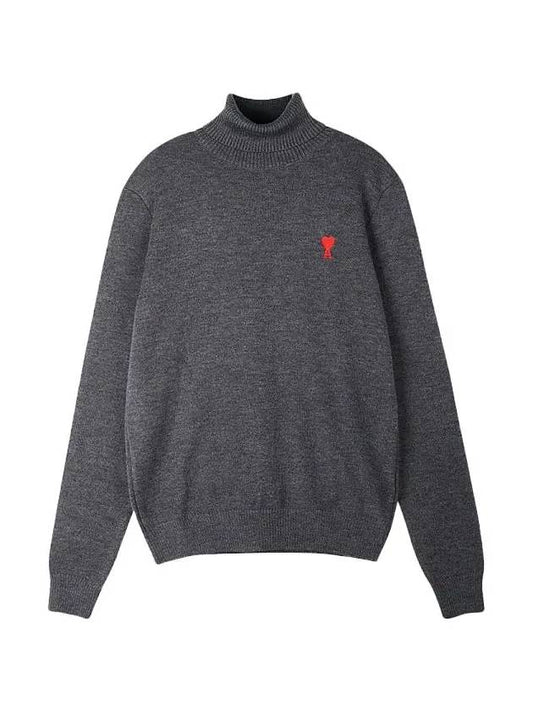 Small Heart Logo Extrafine Merino Wool Turtleneck Heather Grey - AMI - BALAAN 2