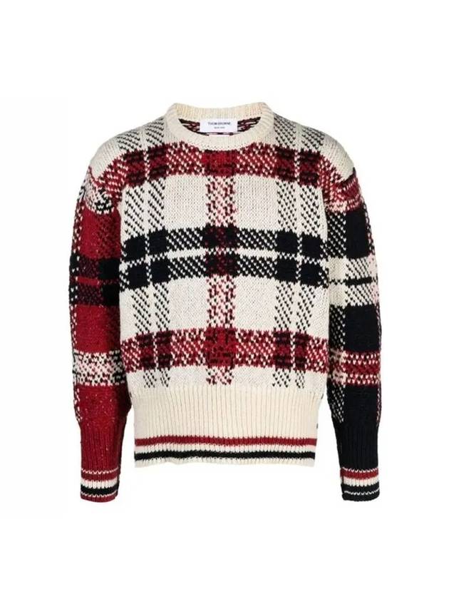 Tartan Check Jacquard Wool Mohair Knit Top Red Beige - THOM BROWNE - BALAAN 1
