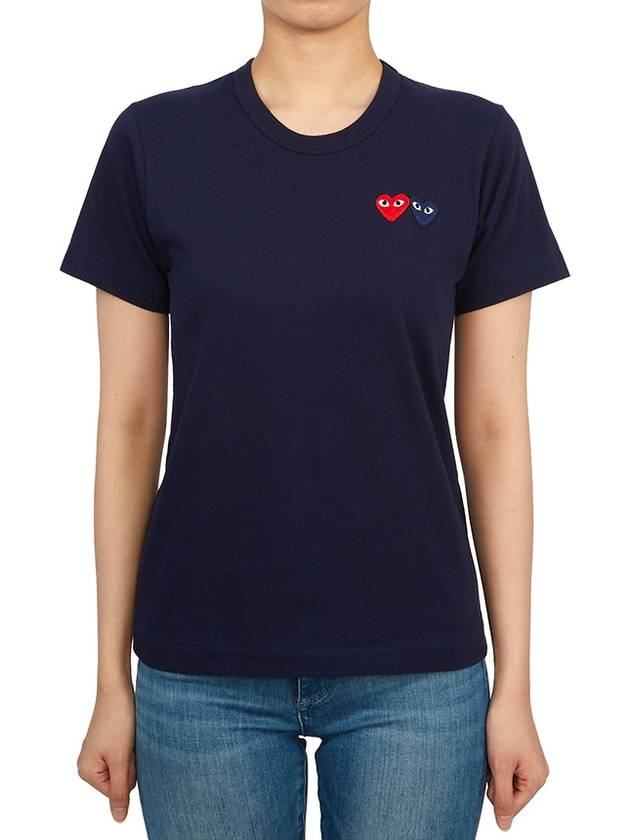 Women's Double Heart Wappen Short Sleeve T-Shirt P1 T225 2 Navy - COMME DES GARCONS PLAY - BALAAN 2