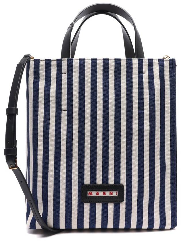 Logo Striped Tote Bag Navy - MARNI - BALAAN 3