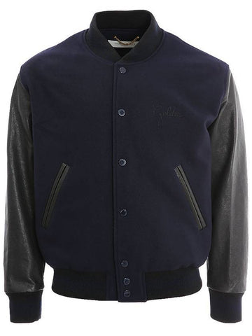 Distressed Leather Sleeve Wool Bomber Jacket Dark Blue - GOLDEN GOOSE - BALAAN 1